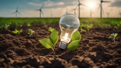 green energy concept concept idea clean energy in nature, lightbulb with solar panel and wind turbine on soil  
