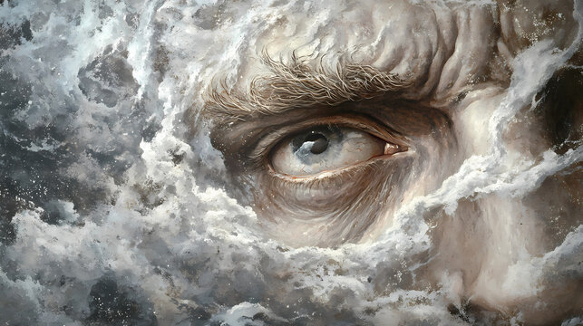 Epic scene of cyclops polyphemus from homers odyssey blinded with weeping eye fading into the sea foam evoking mythical imagery. Ancient Foam. Illustration