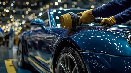 A worker polishing a blue sports car with advanced equipment