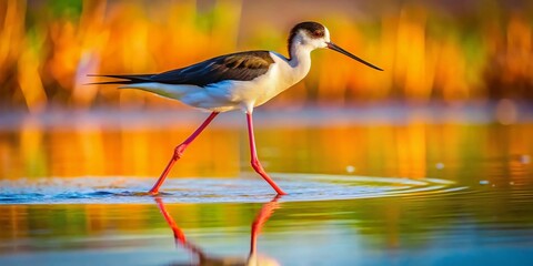 Obraz premium Banded Stilt Foraging in Shallow Water - Wildlife Photography