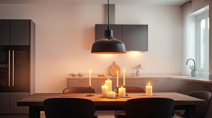A cozy kitchen dining area illuminated by warm candlelight.
