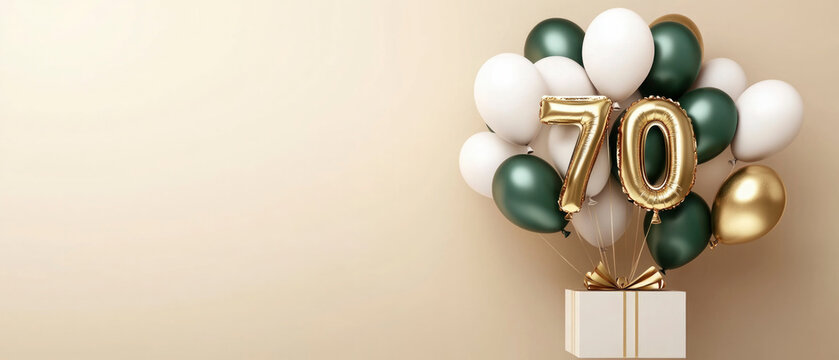 Beautiful happy birthday 70 or festive celebration, pastel brown color background with white golden green balloons party, greeting card