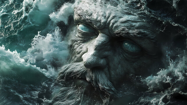 Epic scene of cyclops polyphemus from homers odyssey blinded with weeping eye fading into the sea foam evoking mythical imagery. Ancient Foam. Illustration