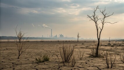 Barren landscape with hazy air and faint industrial silhouette in background, emphasizing polluted atmosphere and empty surroundings. Concept of industrial pollution and environmental degradation