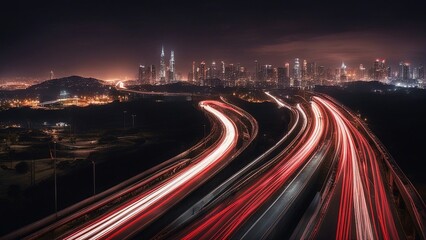 traffic on highway at night _Light trails on a highway at night. The image shows the motion of car lights as they speed along  