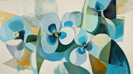 Abstract floral painting featuring blue green and yellow hues on a white background.
