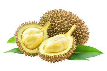 Fototapeta premium A durian fruit cut open with leaves on a plain dark background on transparent background