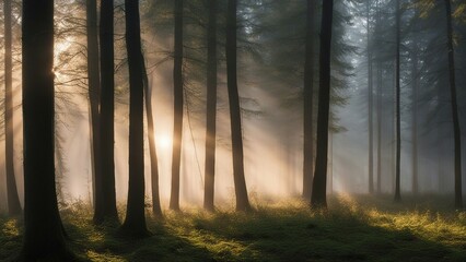 A beautiful nature at morning in the misty spring forest with sun. The forest is full of life 