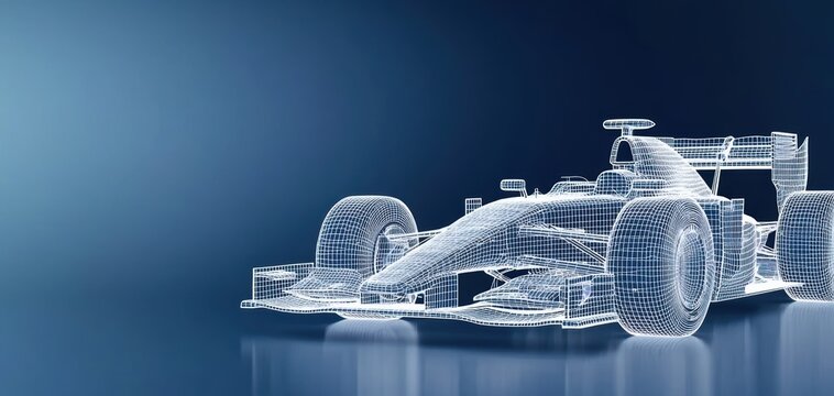 High-tech Formula 1 race car concept merging digital wireframe modeling with detailed mechanical schematics for advanced vehicle design., copy space for text - schematics