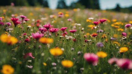 field of flowers a beautiful panorama of a flower meadow in summer. The image has a bright and colorful atmosphere,  