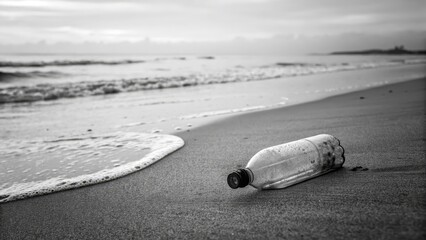 Lone plastic bottle on empty beach, stark ocean pollution scene