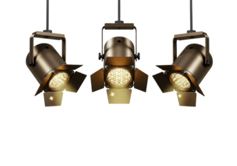 Isolated Trio of Vintage Stage Lights Suspended from Above