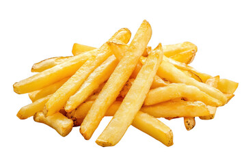 Close up view of a pile of golden brown french fried potatoes on transparent background