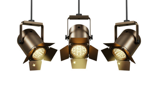 Isolated Trio of Vintage Stage Lights Suspended from Above