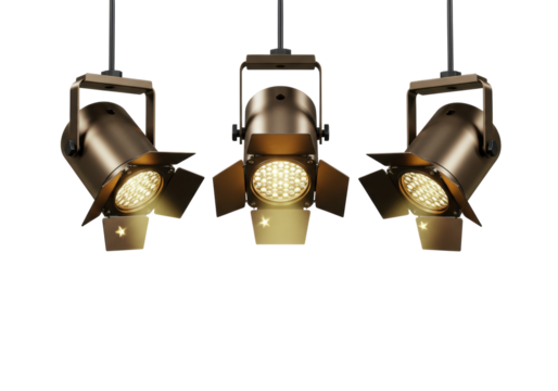 Isolated Trio of Vintage Stage Lights Suspended from Above