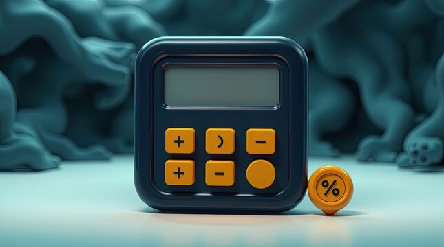 A dark blue calculator with orange buttons and a percentage symbol.