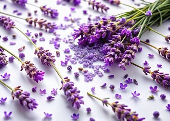 Fototapeta premium Blooming Lavender Flowers and Petals Isolated on White Background - Perfect for Spring and Summer Designs