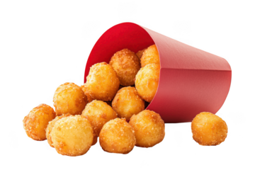 Golden potato balls spilling from a red container on dark space on transparent background