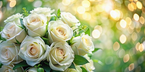 Obraz premium Bokeh Effect: Artificial White Rose Bouquet with Lush Green Leaves - Stock Photo