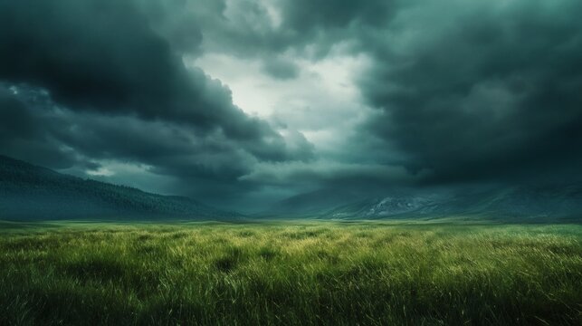 A vast grassy plain under a menacing, dark sky.