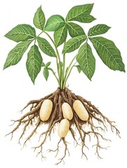 The cut-out image shows a cassava plant and its roots and several tubers underground. 