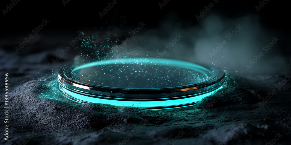 Poster glowing teal circular platform on dark textured surface, emitting particles. showcase, product displ