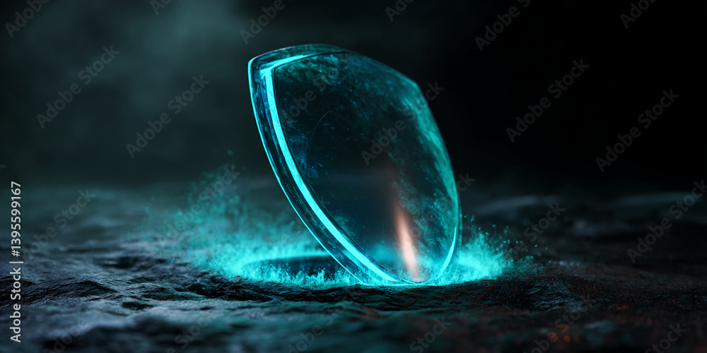 Poster glowing cyan shield rests on dark, textured surface, emitting light and particles. represents protec