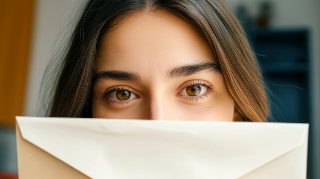 Woman's eyes peek over an envelope, a secret revealed? Anticipation and curiosity captured in a close-up perspective.