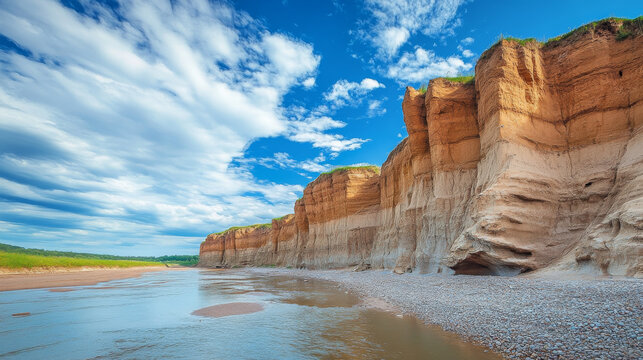 Majestic sandstone cliffs lining the banks of the Salaca River in Latvia