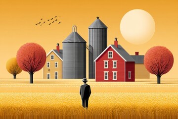 A retro-style agricultural poster promoting farm work with bold colors and classic tractor art