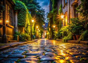 Fototapeta premium Charming Cobblestone Street at Night: Cozy Minimalist Photography