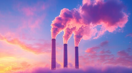 Obraz premium Three Smokestacks Emitting Pink Smoke at Sunset