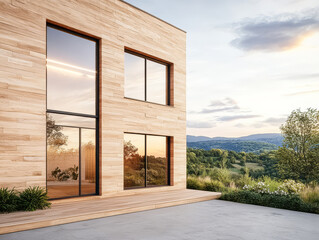 Modern wooden house exterior design with scenic landscape at sunset