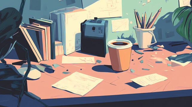 Failed venture stories echo personal loss. capture a disordered workspace with a cold coffee cup, symbolizing moments of uncertainty and introspection. Echoing Loss. Illustration