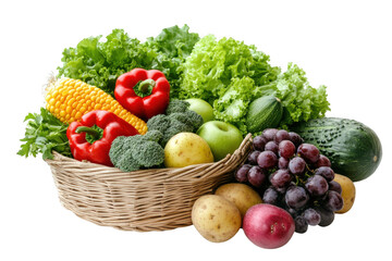 A basket overflowing with fresh produce and vibrant vegetables mix on transparent background