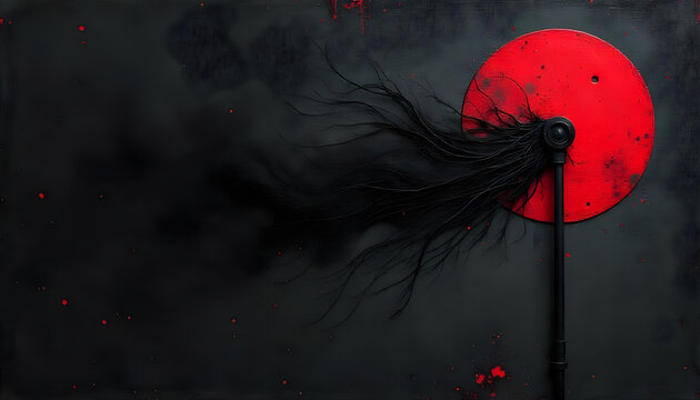 A striking abstract composition with a red circle, black hair and a dark, textured background.