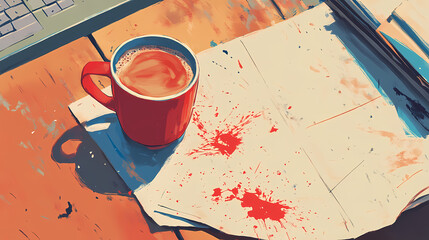 Failed venture stories echo personal loss. capture a disordered workspace with a cold coffee cup, symbolizing moments of uncertainty and introspection. Echoing Loss. Illustration
