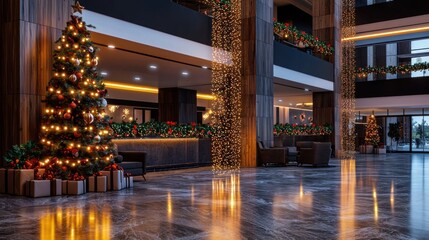 Elegant hotel lobby decorated for the holiday season with a Christmas tree and lights
