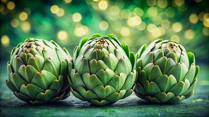 Close-up of Three Closed Artichokes with Bokeh Background - Vibrant Green Vegetables