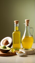 Golden Oils and Tropical Fruits: A Healthy Still Life Featuring Avocado, Coconut, and an Array of Culinary Flavors.