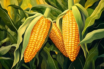 Obraz premium Yellow corn heads with green leaves and fibers on wooden background