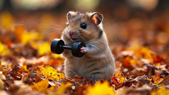 Cute hamster lifting weights in autumn leaves. Possible use  Kids, animal, nature, humor