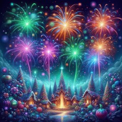 Fototapeta premium Bright fireworks burst in vibrant colors above a charming village under a starry sky. Colorful trees and cozy homes reflect the magic of the celebration creating a breathtaking spectacle at dusk