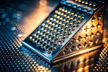 Close-up Surreal Silver Grater: Dramatic Cold Alien Metal Texture