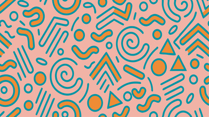 Seamless Memphis Geometric Pattern. Colorful Abstract 80s 90s Retro Background with Circles, Dots, Zigzags, Spirals, and Wavy Lines. Bright Orange Pink Fun Doodle Design for Kids.