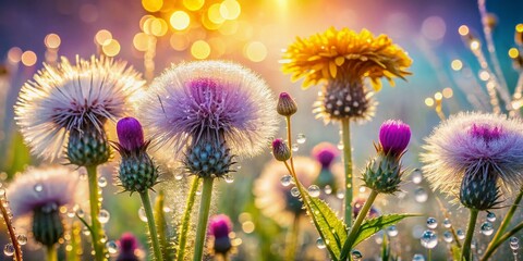 Close-up Wild Thistle & Dandelion Summer Field Night Photography