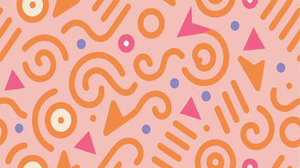 Seamless Memphis Geometric Pattern. Colorful Abstract 80s 90s Retro Background with Circles, Dots, Zigzags, Spirals, and Wavy Lines. Bright Orange Pink Fun Doodle Design for Kids.