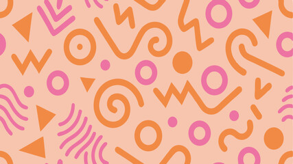 Seamless Memphis Geometric Pattern. Colorful Abstract 80s 90s Retro Background with Circles, Dots, Zigzags, Spirals, and Wavy Lines. Bright Orange Pink Fun Doodle Design for Kids.