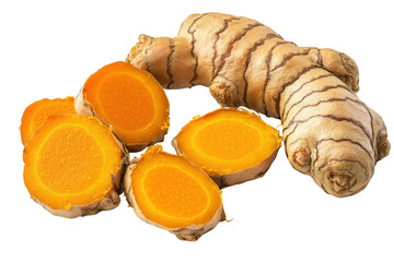 Close up shot of sliced and whole turmeric root on a dark setting on transparent background © Nahid
