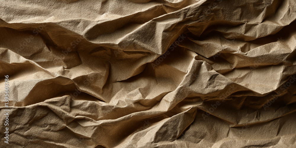 Poster brown crumpled paper texture, showing deep folds and shadows, suggesting a rustic or natural aesthet